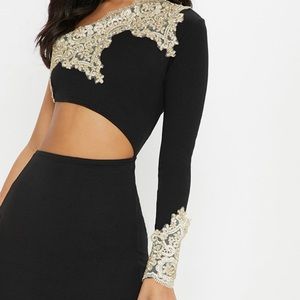Black Applique Detail One Shoulder Cut Out Maxi Dress